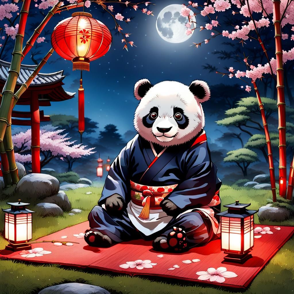 a cute panda dressed in a traditional Japanese kimono, sitti...