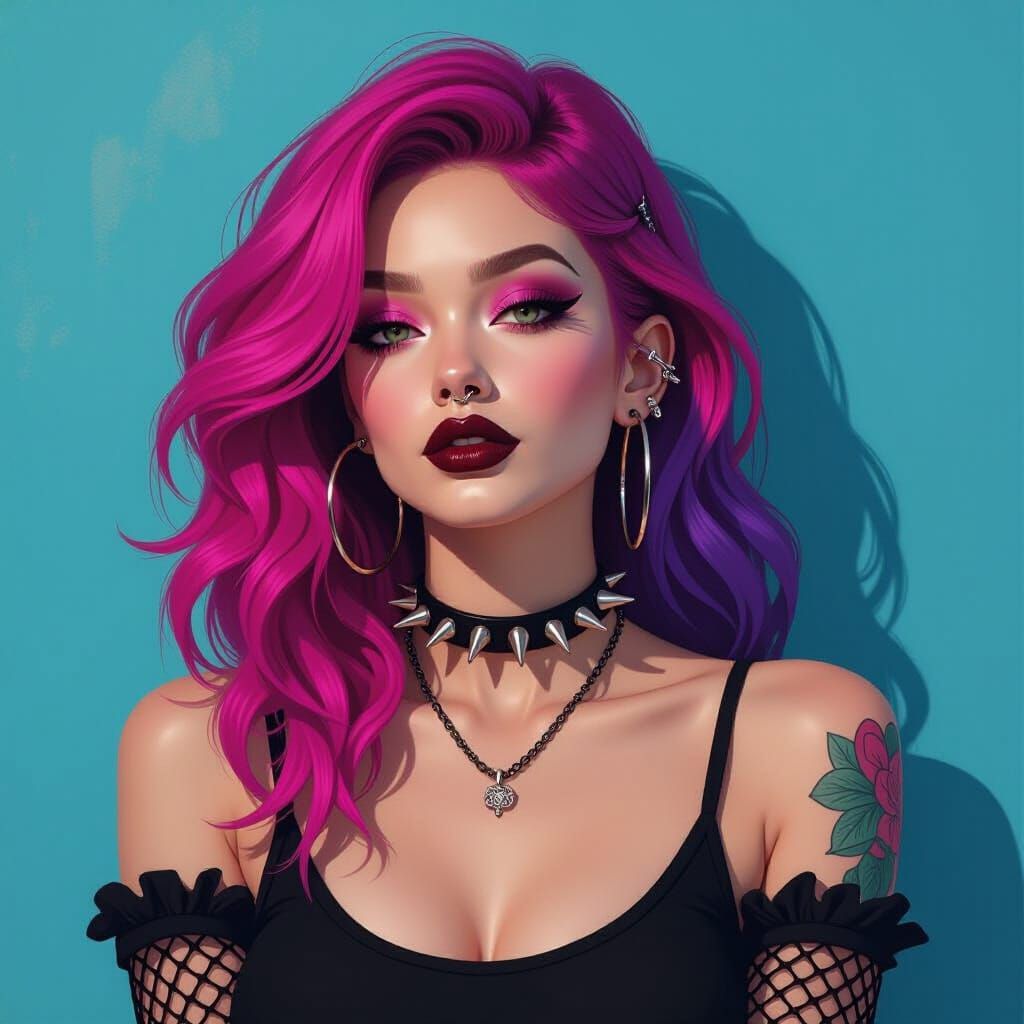 Vibrant Pink and Purple Haired Woman in Dramatic Makeup