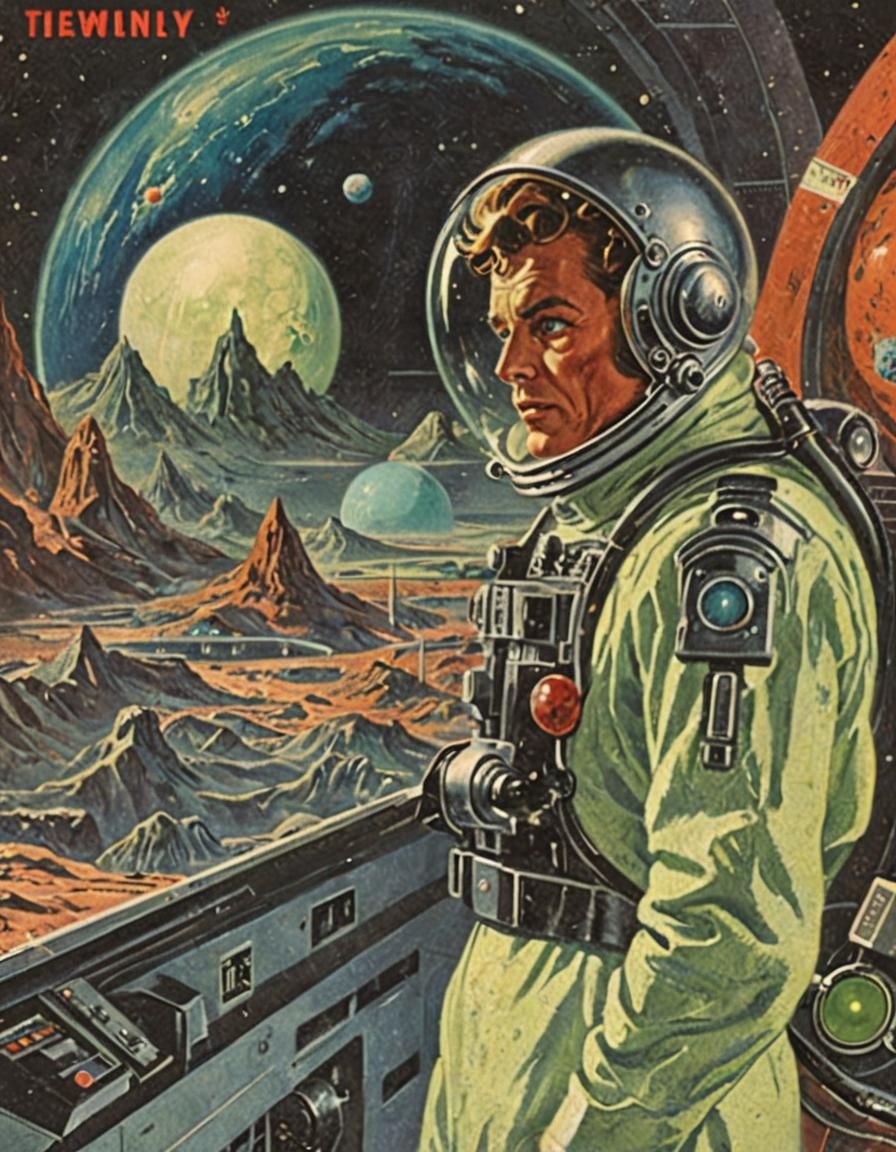 Retro Sci-Fi Book Cover Featuring Alien and Planets