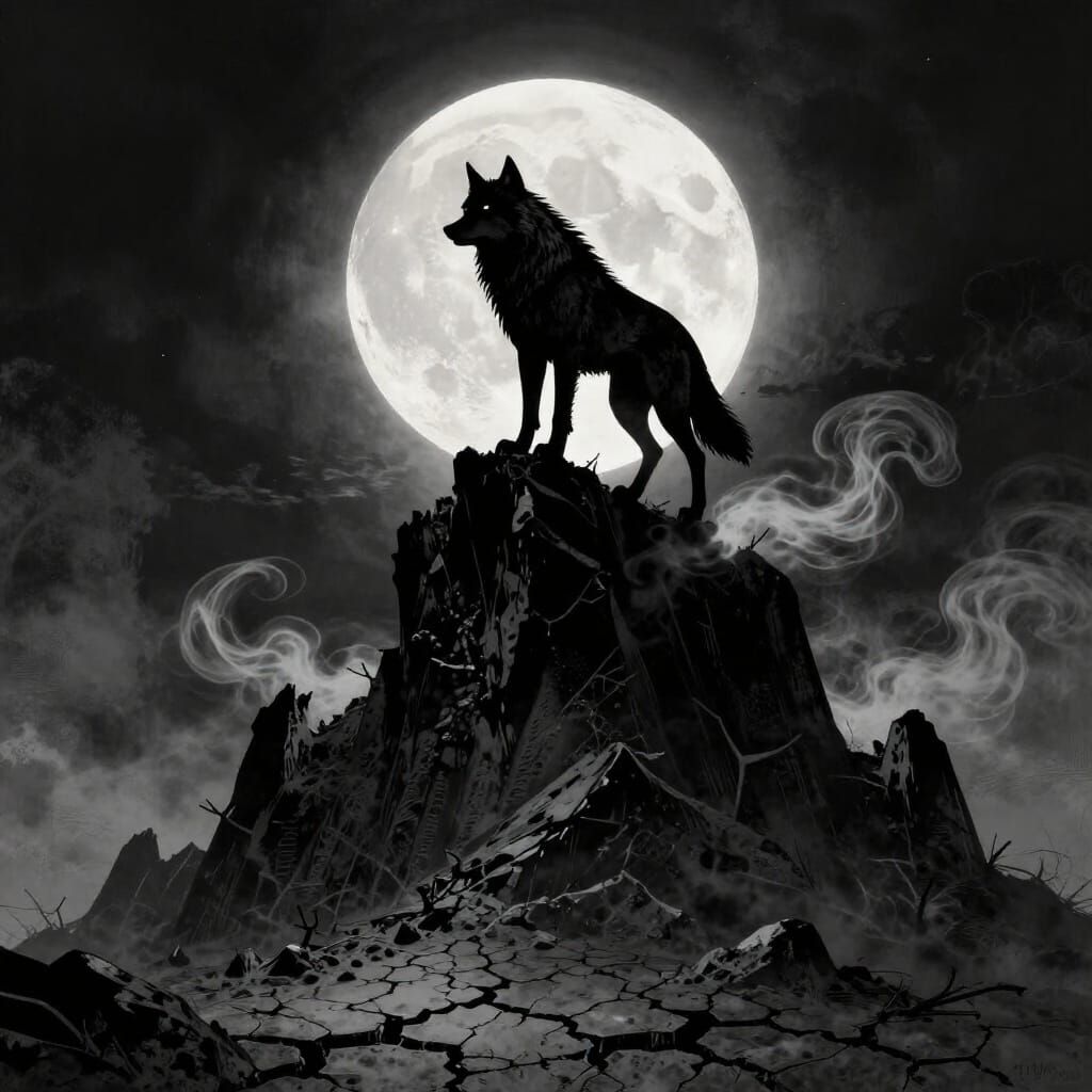 Lone Wolf Under Full Moon on Obsidian Peak