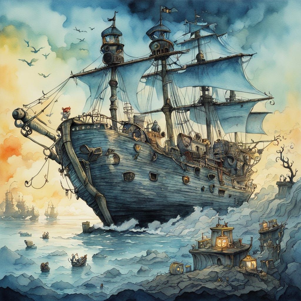 Cat Pirate in Shipwreck: Surreal Watercolor Painting