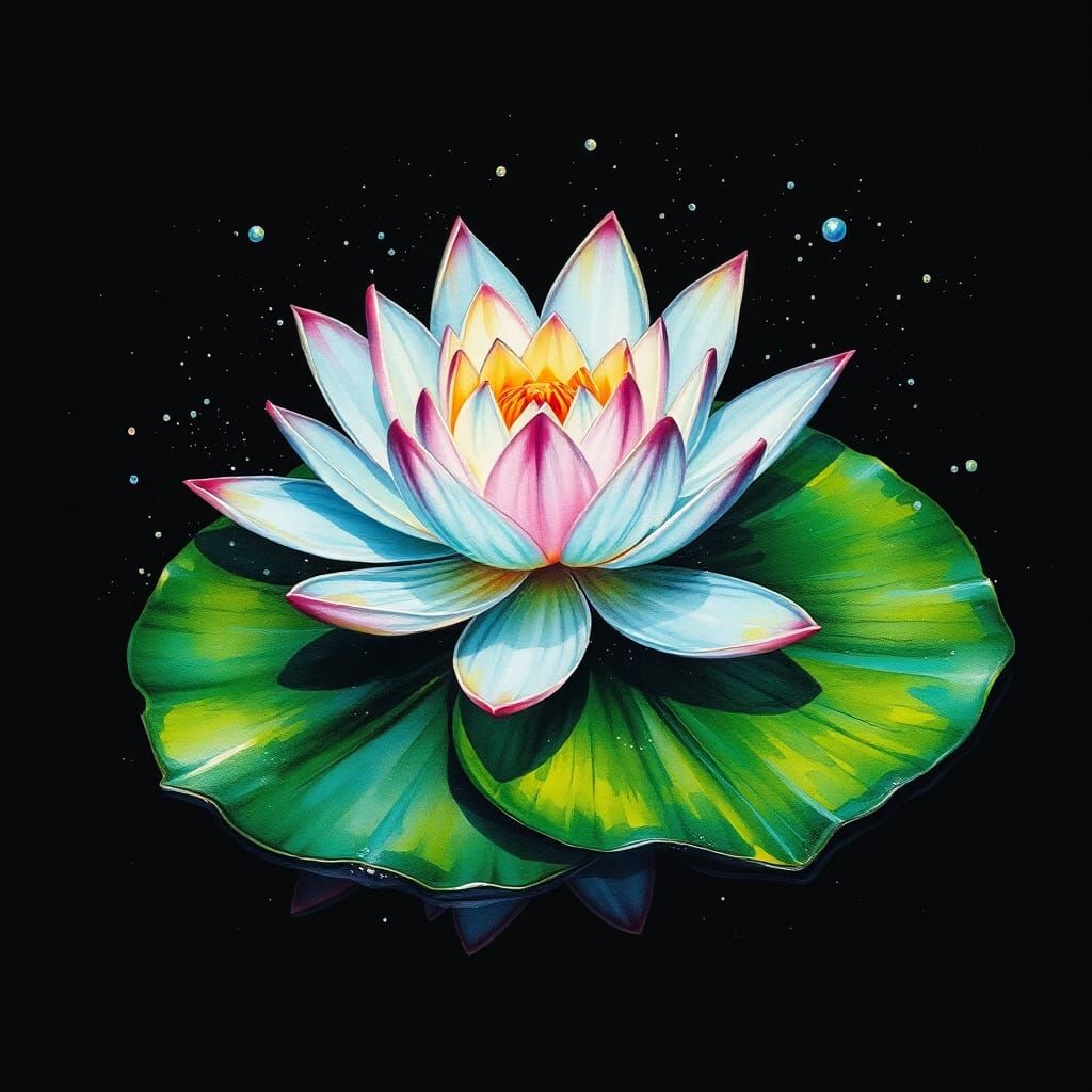 Iridescent Water Lily with Ink Splatter Effects