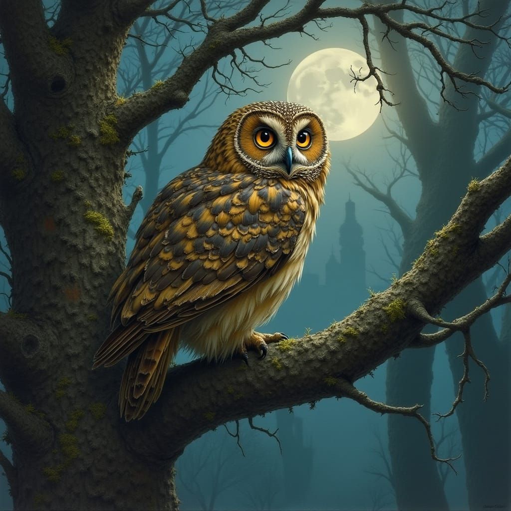 Majestic Owl on Ancient Branch in Moonlit Clearing