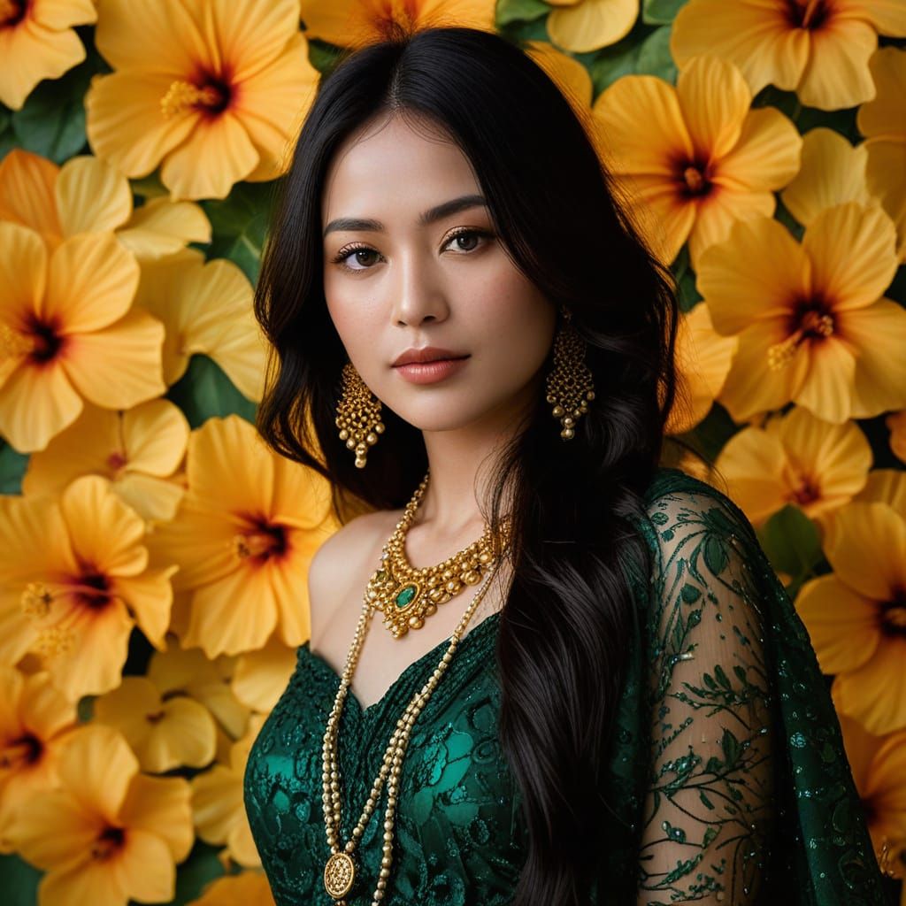 A serene beauty amidst vibrant floral whispers