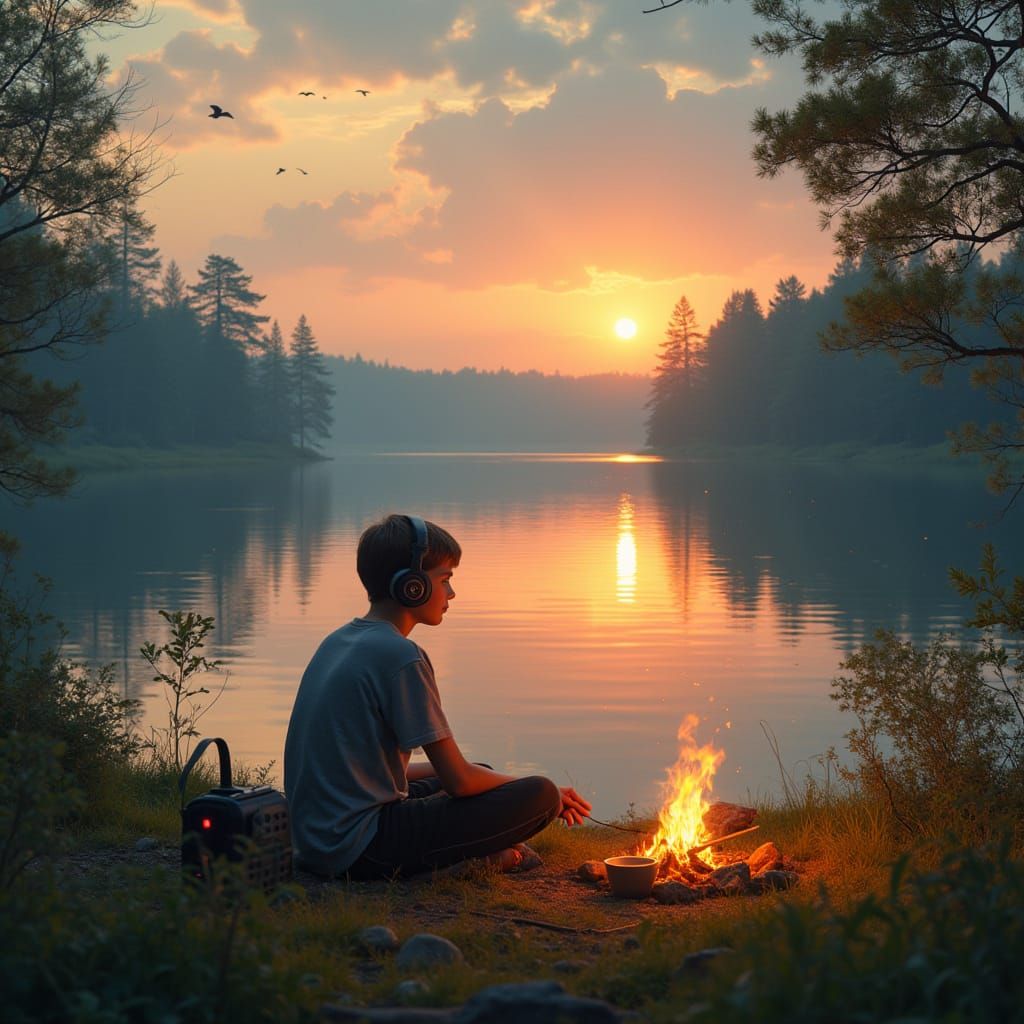 Serene Lakebank Evening in a Whimsical Realist Style