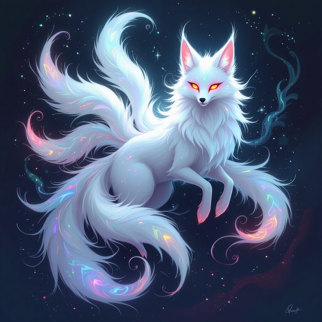 Spectral Kitsune with Shimmering Tails in Acrylic Style