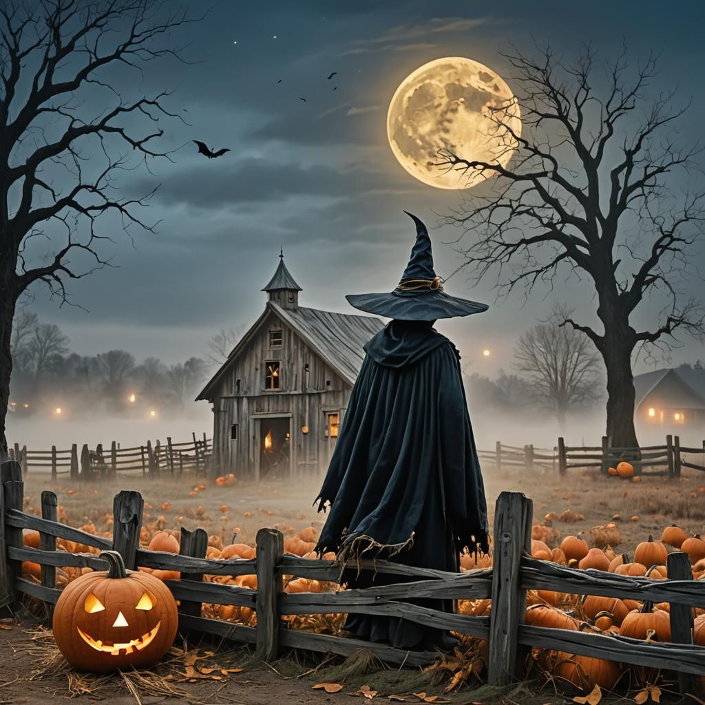 Halloween Pumpkin Under Blue Moon: Cinematic Autumn Dreamsca...