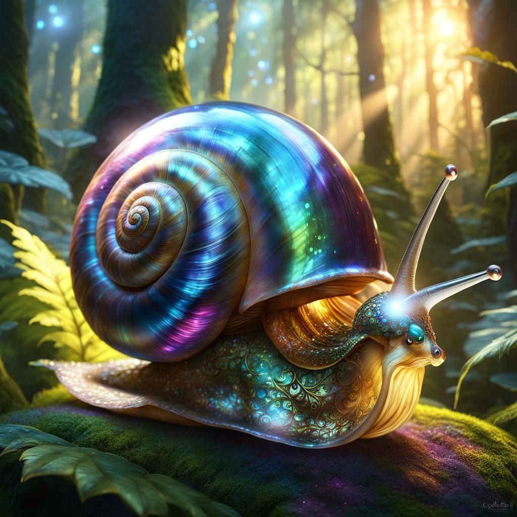 Giant Iridescent Snail in Enchanted Forest