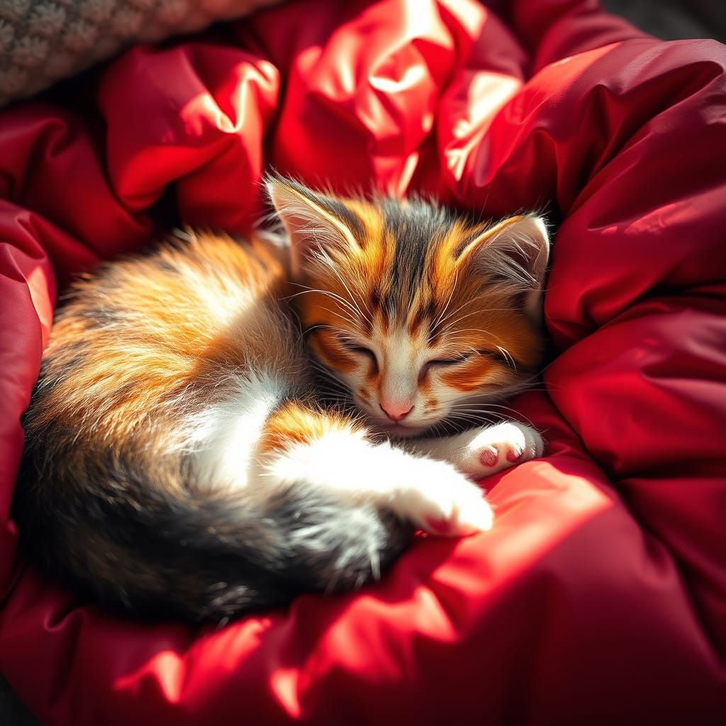 Calico Kitten in Cozy Red Bedding