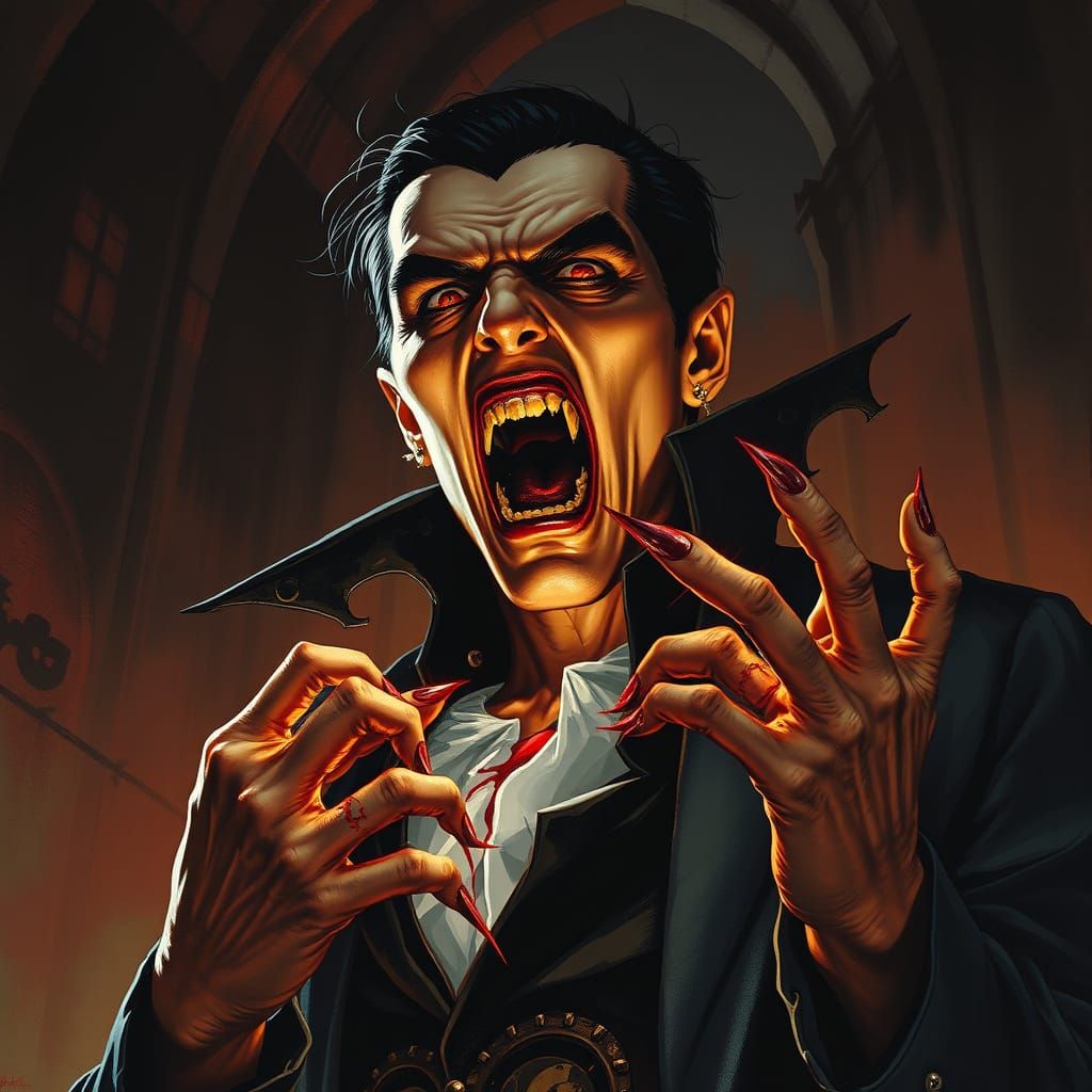 Gothic Vampire with Bloody Fangs in Noir Style