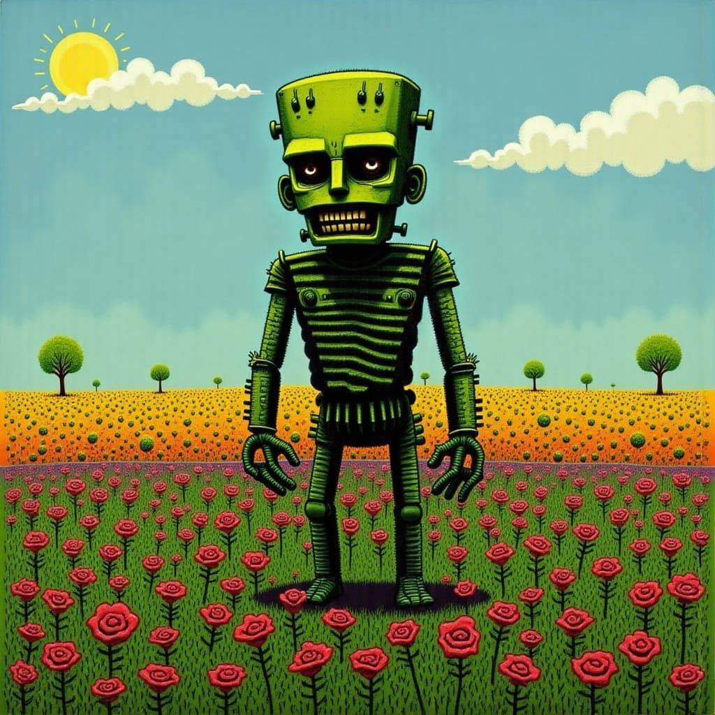 Giant Frankenstein in Flower Field with Backlit Silhouettes