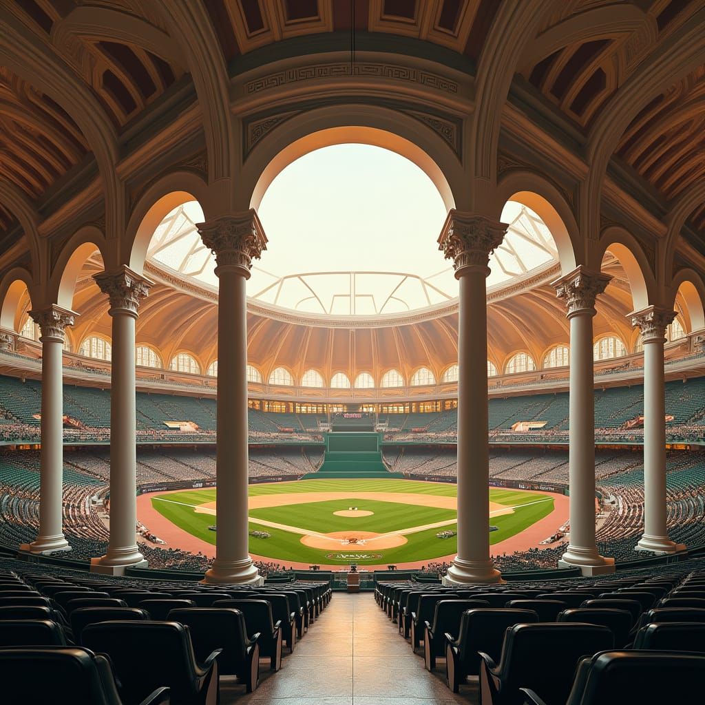 Neo-Classical Baseball Stadium Exterior at Sunset