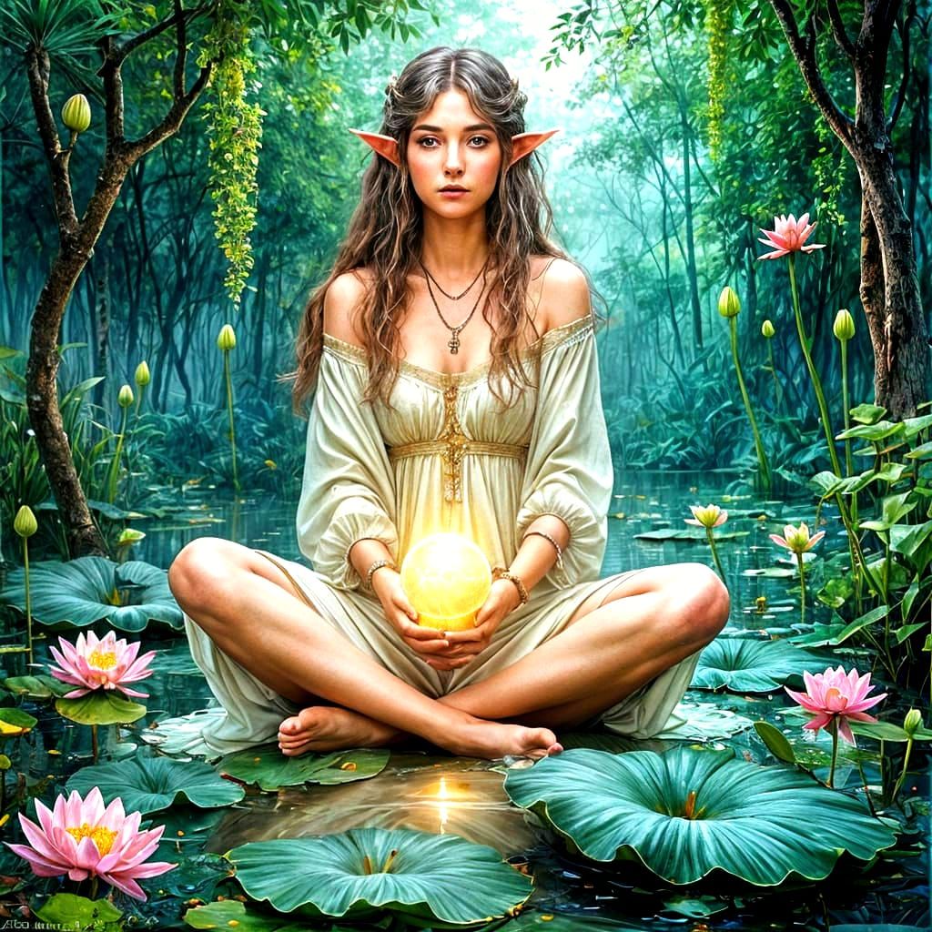 Wise Elf Meditating in Bioluminescent Forest