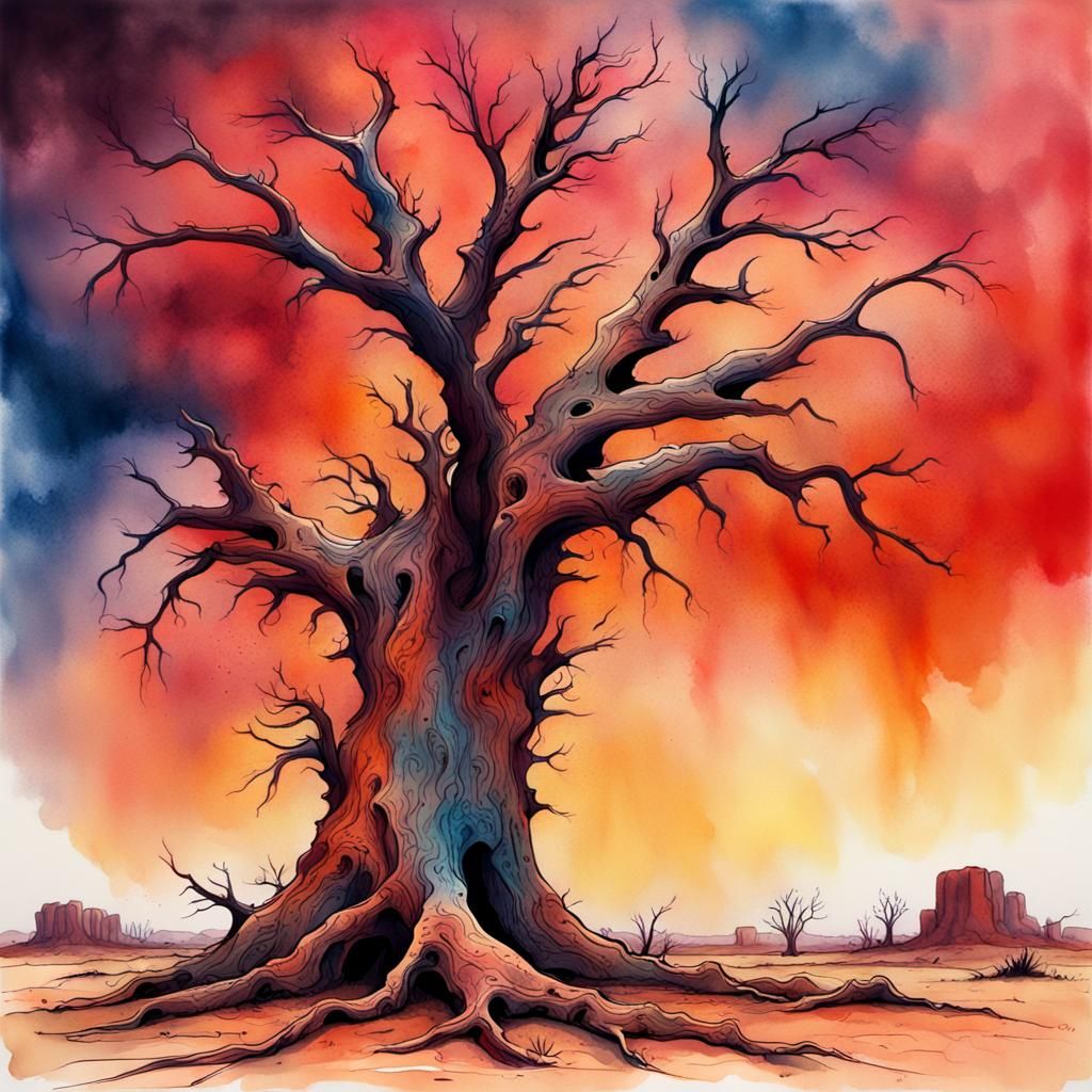 Australian Outback Dead Tree in Watercolor Graffiti Style