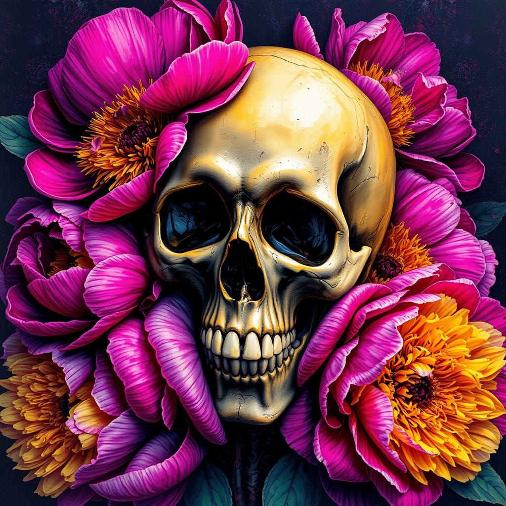 Skull Enveloped by Peonies in Alcohol Ink Style