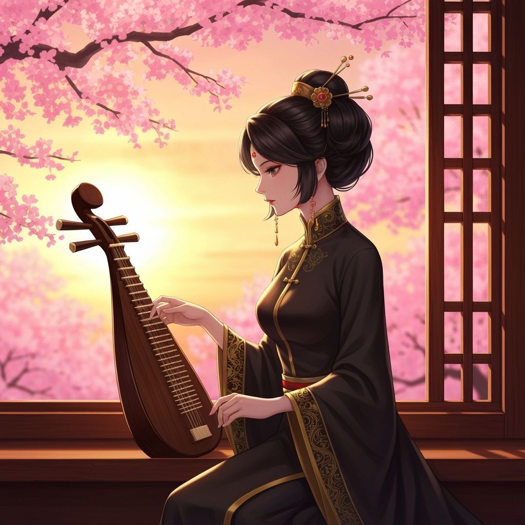 Elegant Woman in Tang Dynasty Attire Plays Lute