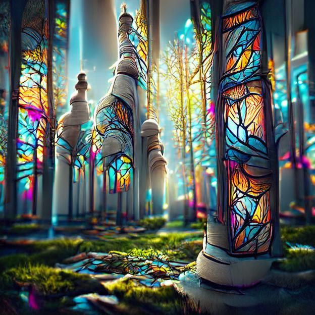 Stained Glass Trees Encircle Marble Castle: Digital Art