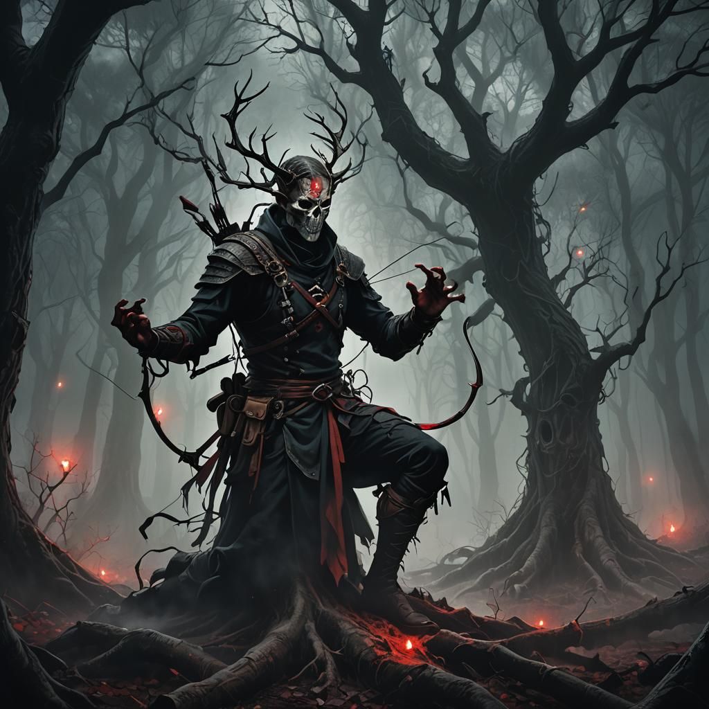 Faceless Archer in Misty Forest: Dark Fantasy Illustration