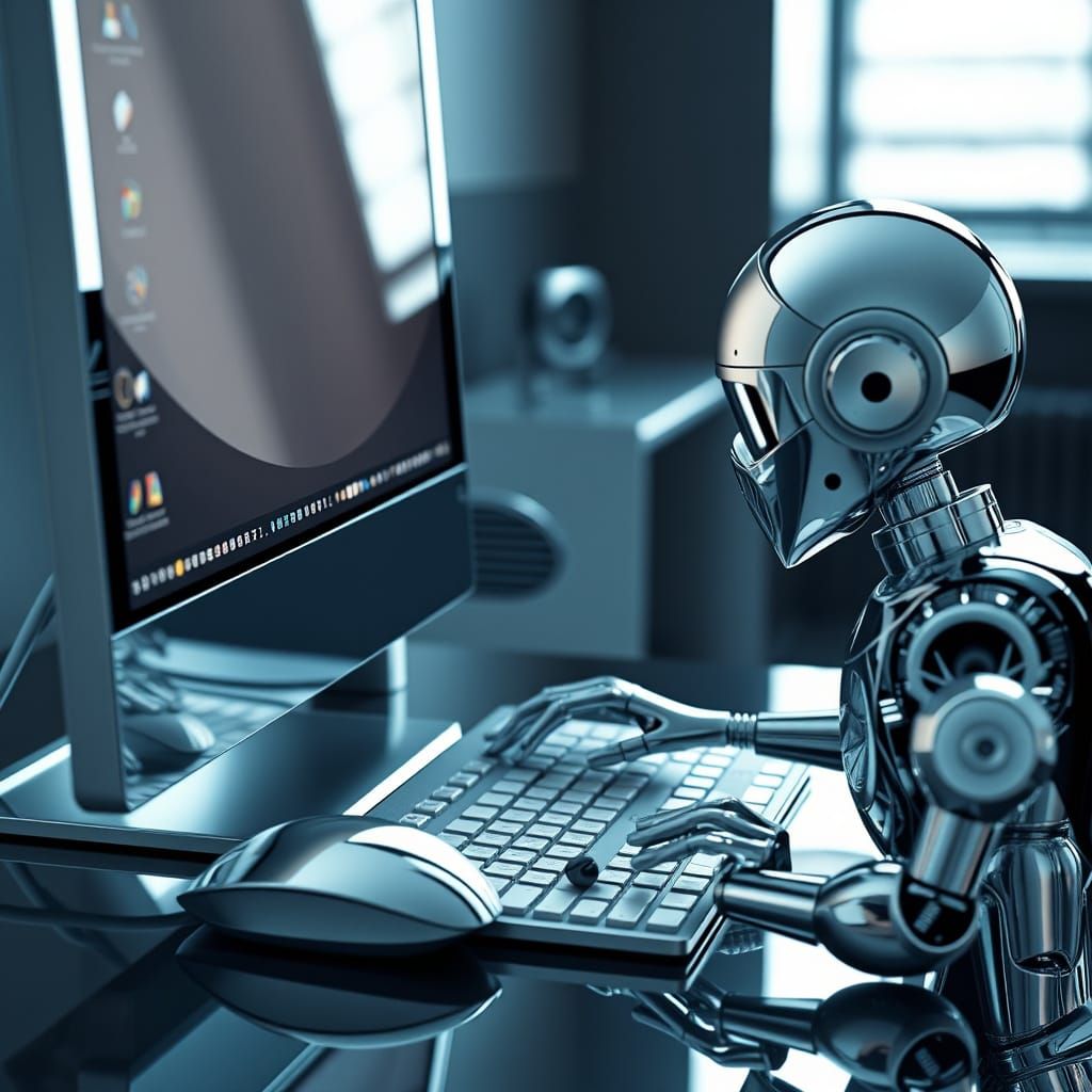 Robotic Chrome Computer User in Photorealistic Rendering