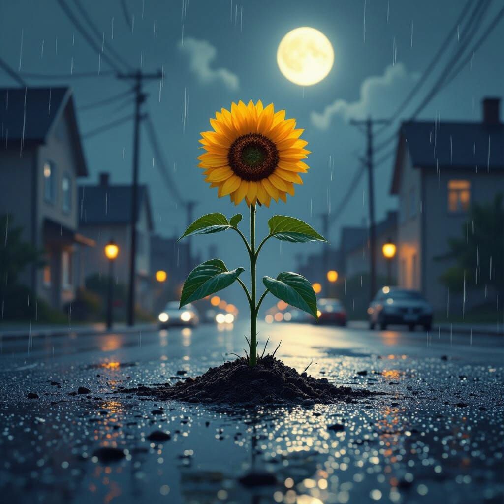 Sunflower's Resilience in Rainy City Nightscape