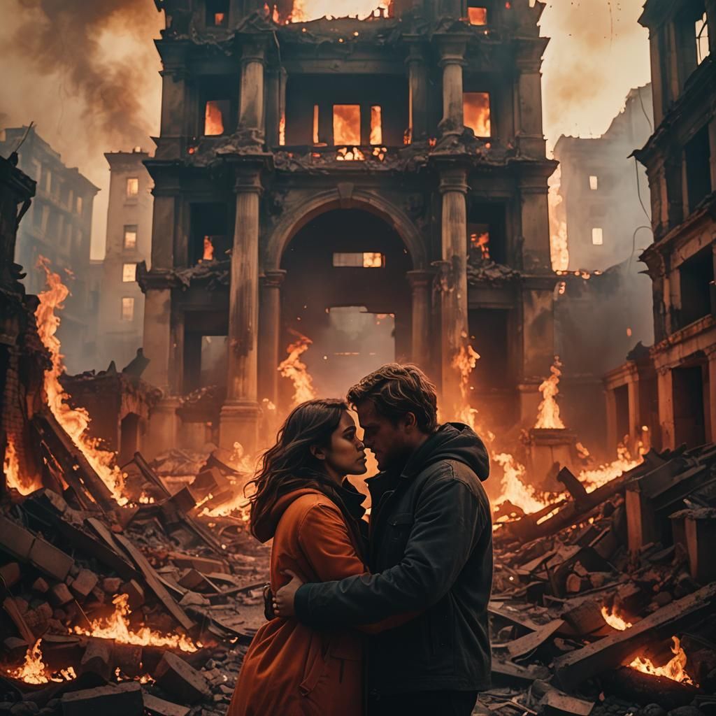 Embrace in Flames: Cinematic Ruin in Fiery Hues
