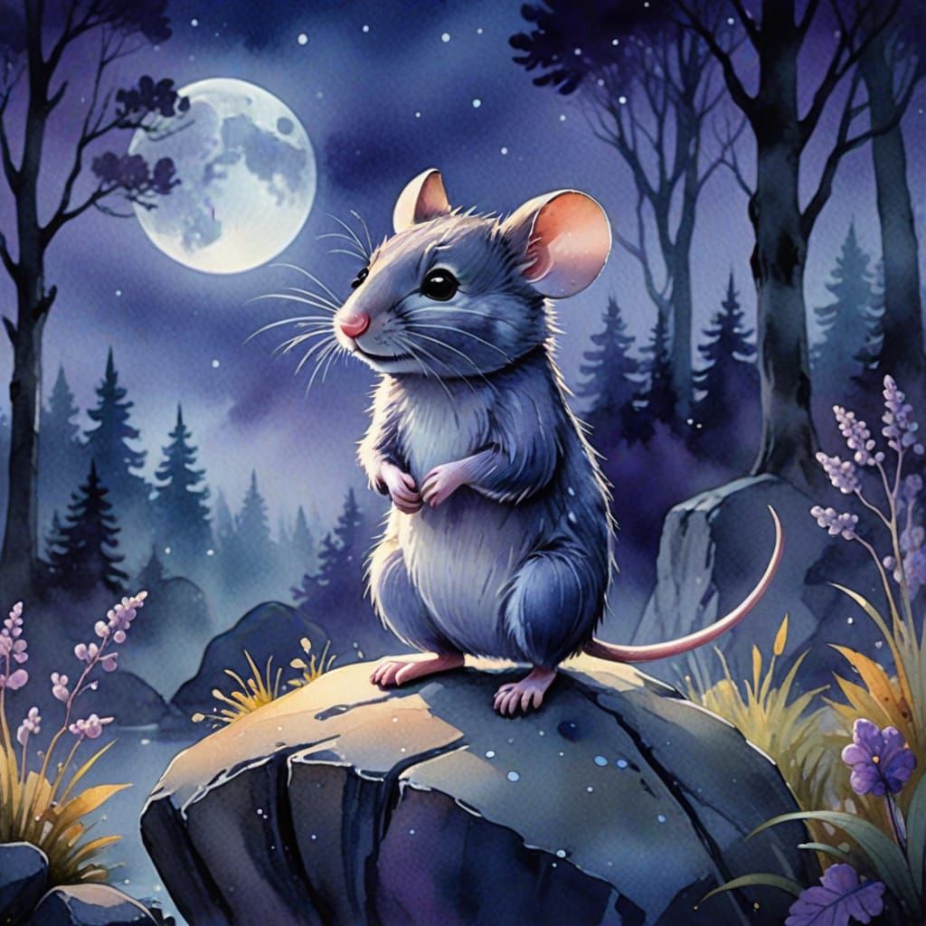 Dreamy Watercolor: Mr. Mouse in Moonlight