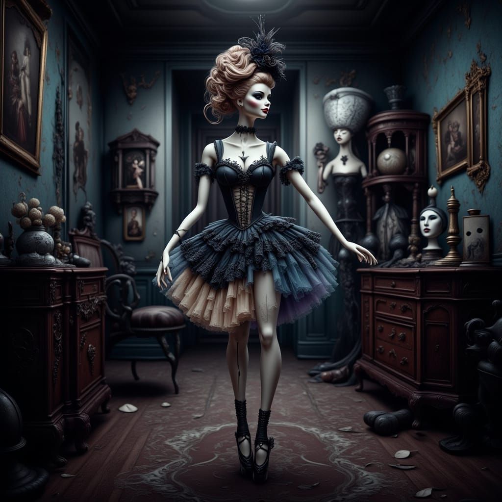 Gothic Ballerina Doll with Scissors in Abandoned Room