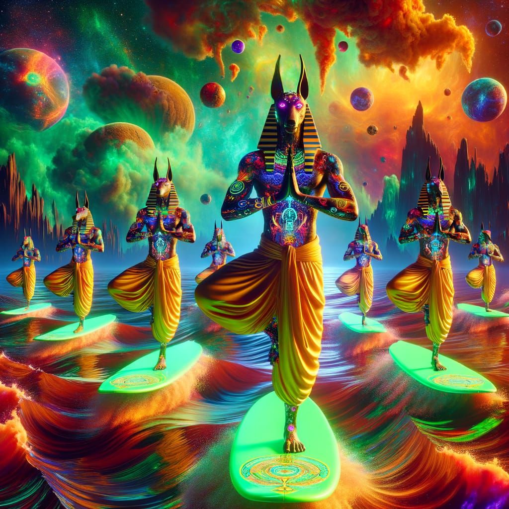 Psychedelic Anubis Figures Surfing Fiery Clouds