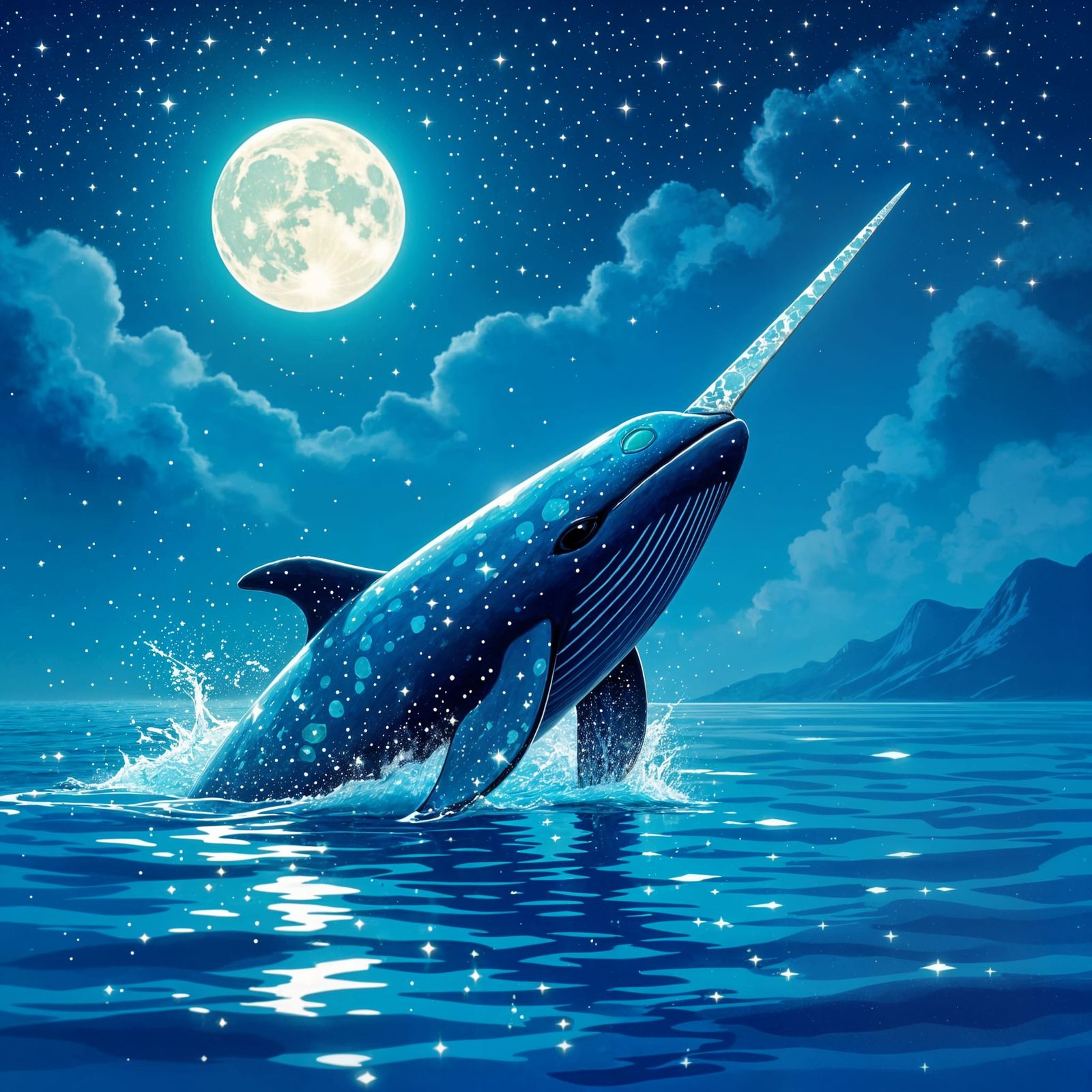 Narwhal With Sea Glass Horn in Moonlit Ocean