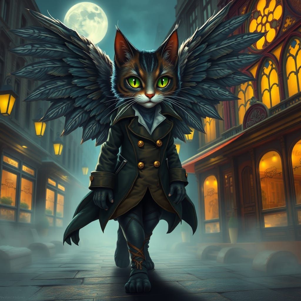 Winged Feline in Steampunk Cityscape