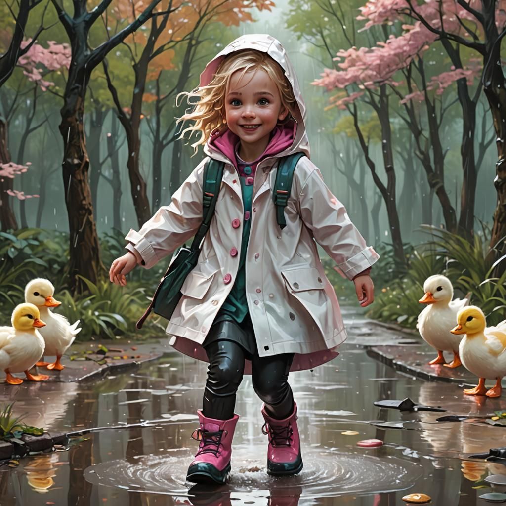 Toddler Girl's Rainy Day Joy: Hyperdetailed Splash Art