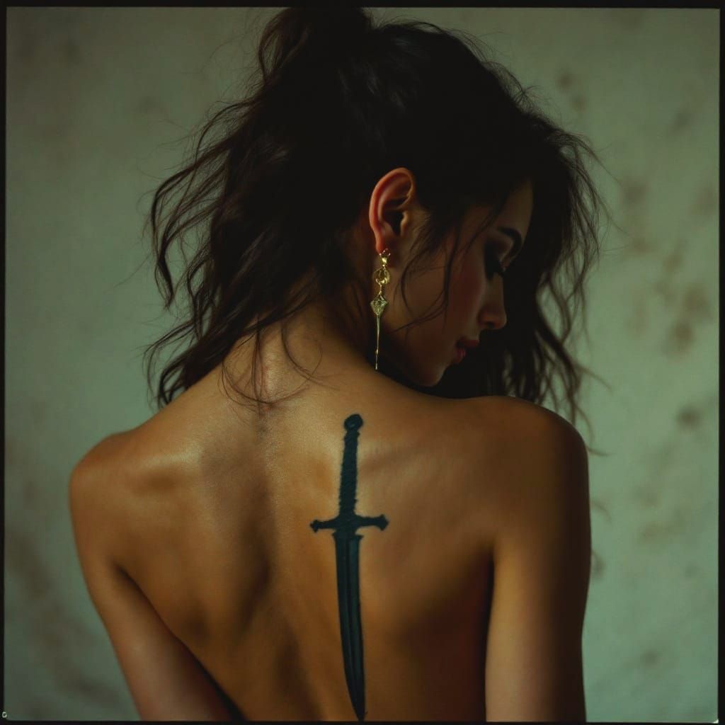 Glamorous Young Woman with Hourglass Figure and Sword Tattoo