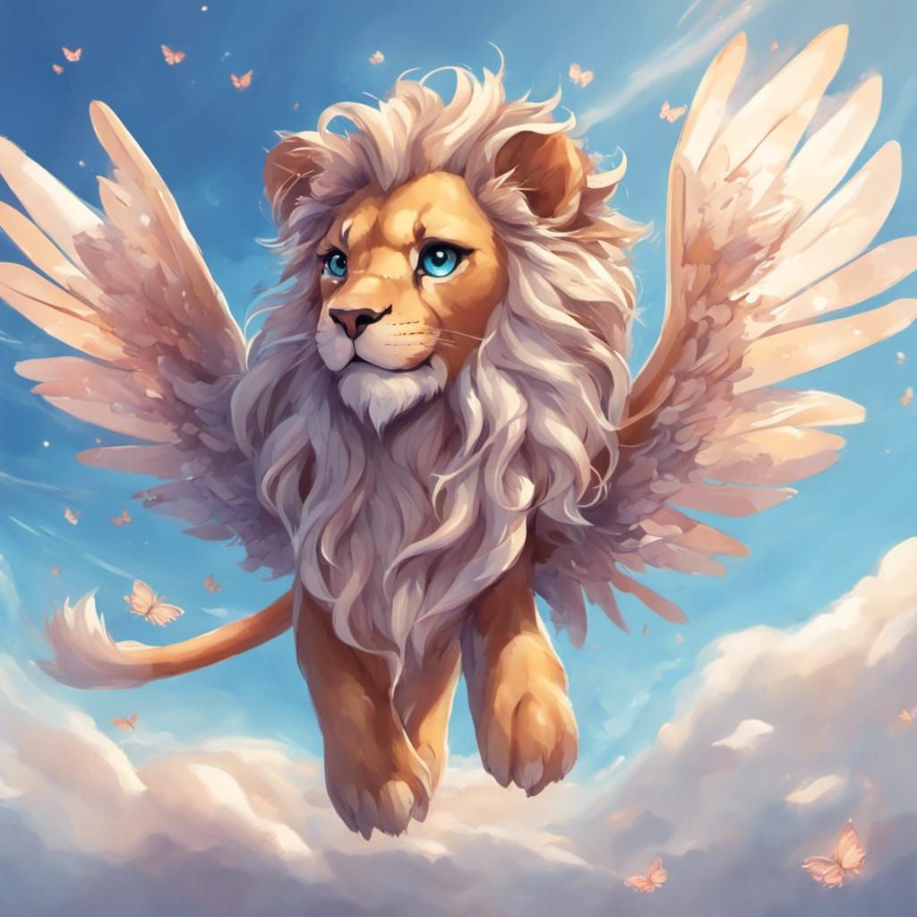 Chibi Lion with Butterfly Wings Flying