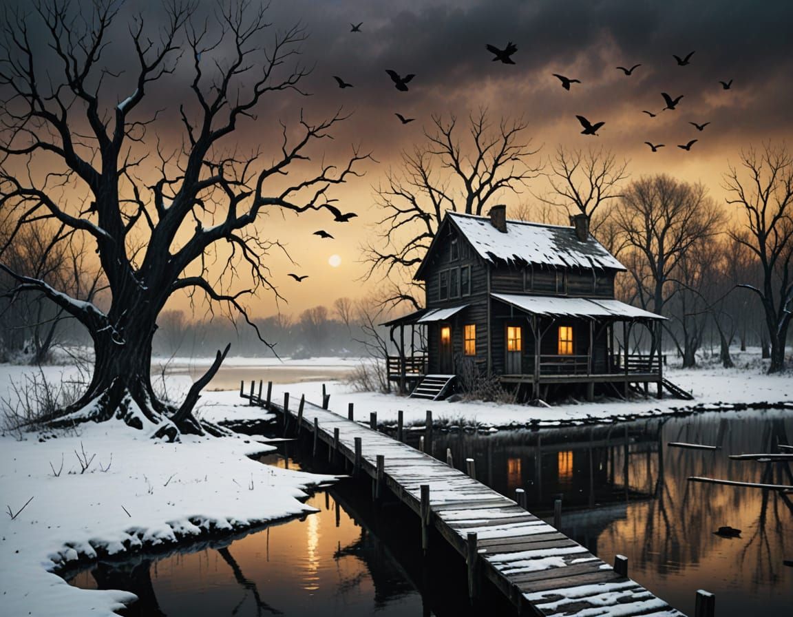 Ramshackle Bayou Cabin with Crows in Gothic Grunge Style