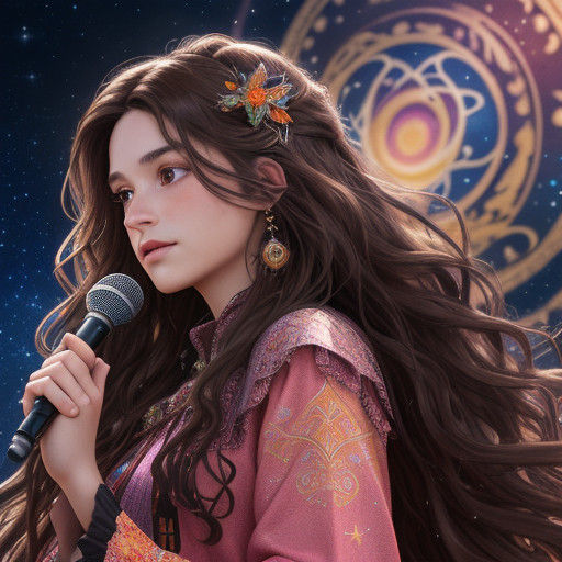 Whimsical Austrian Songstress Under Starry Night Sky in Art....