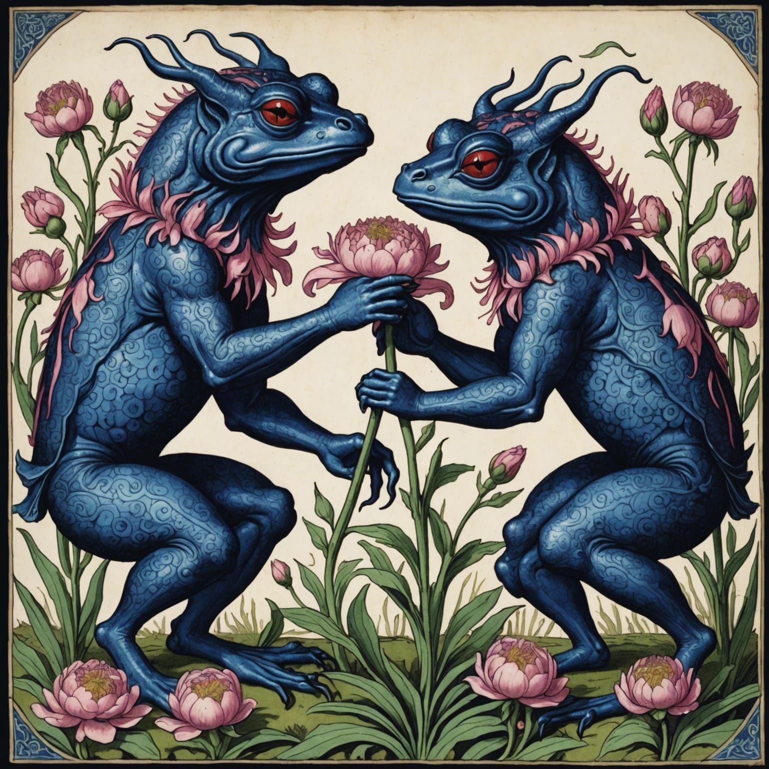 Ornate Frog-Headed Devils Harvesting Peonies