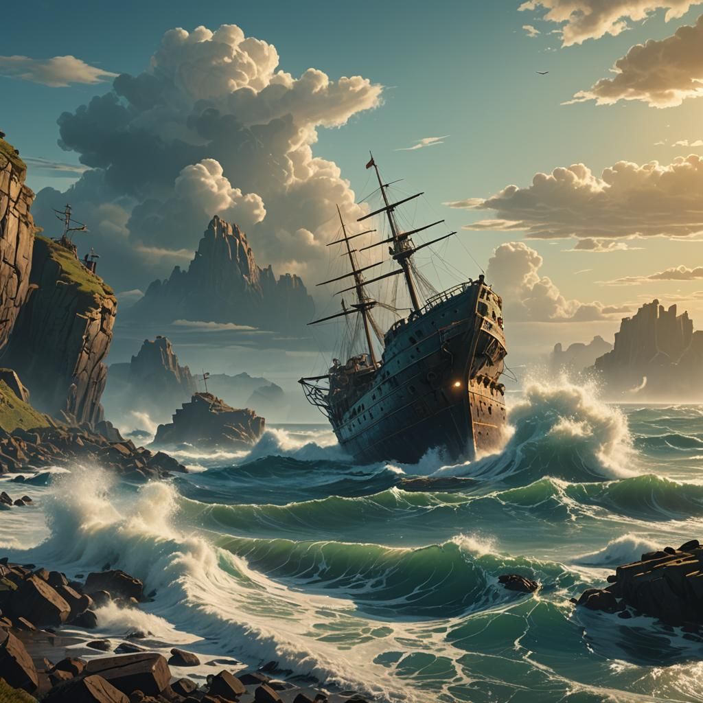 Majestic Shipwreck at Sea: Cinematic Digital Painting