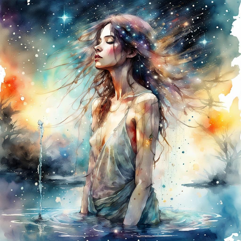 Heavenly Water Fountain in Space, Digital Watercolor