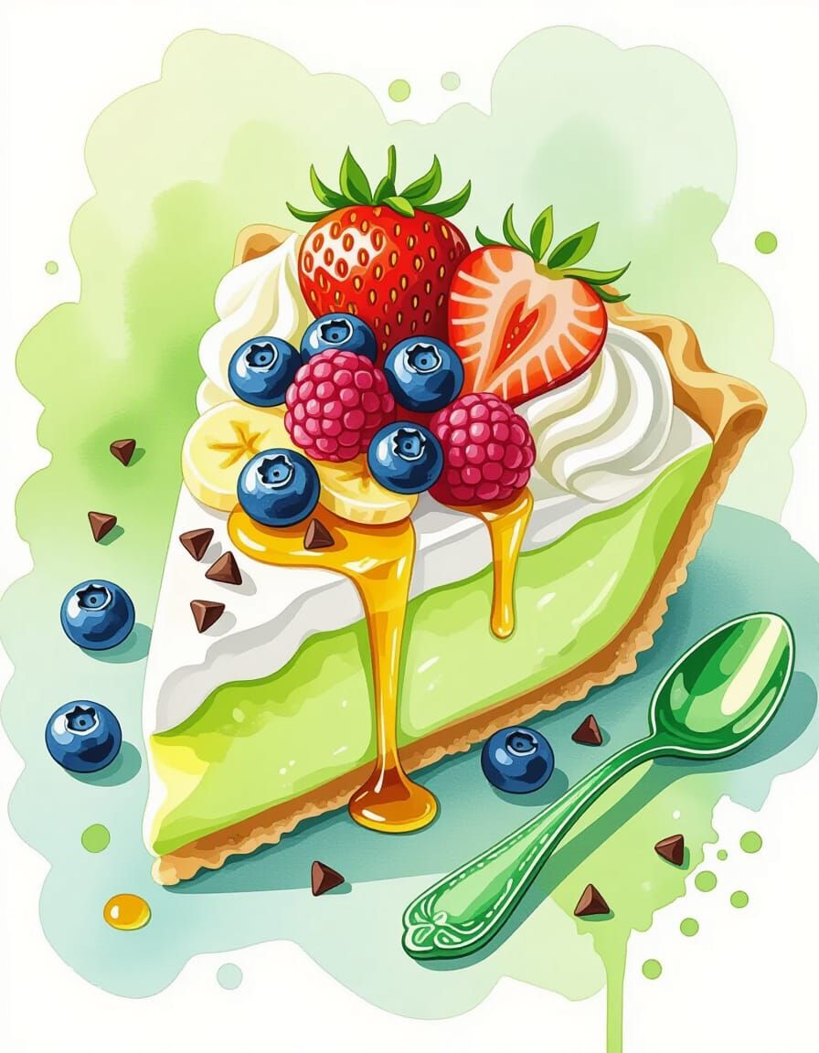 Key Lime Pie Slice in Watercolor Splash Art Style