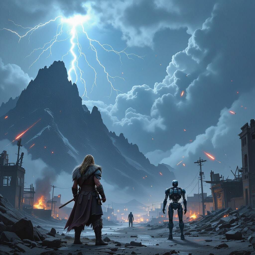 Viking, Thor, and Terminator in Apocalyptic Landscape