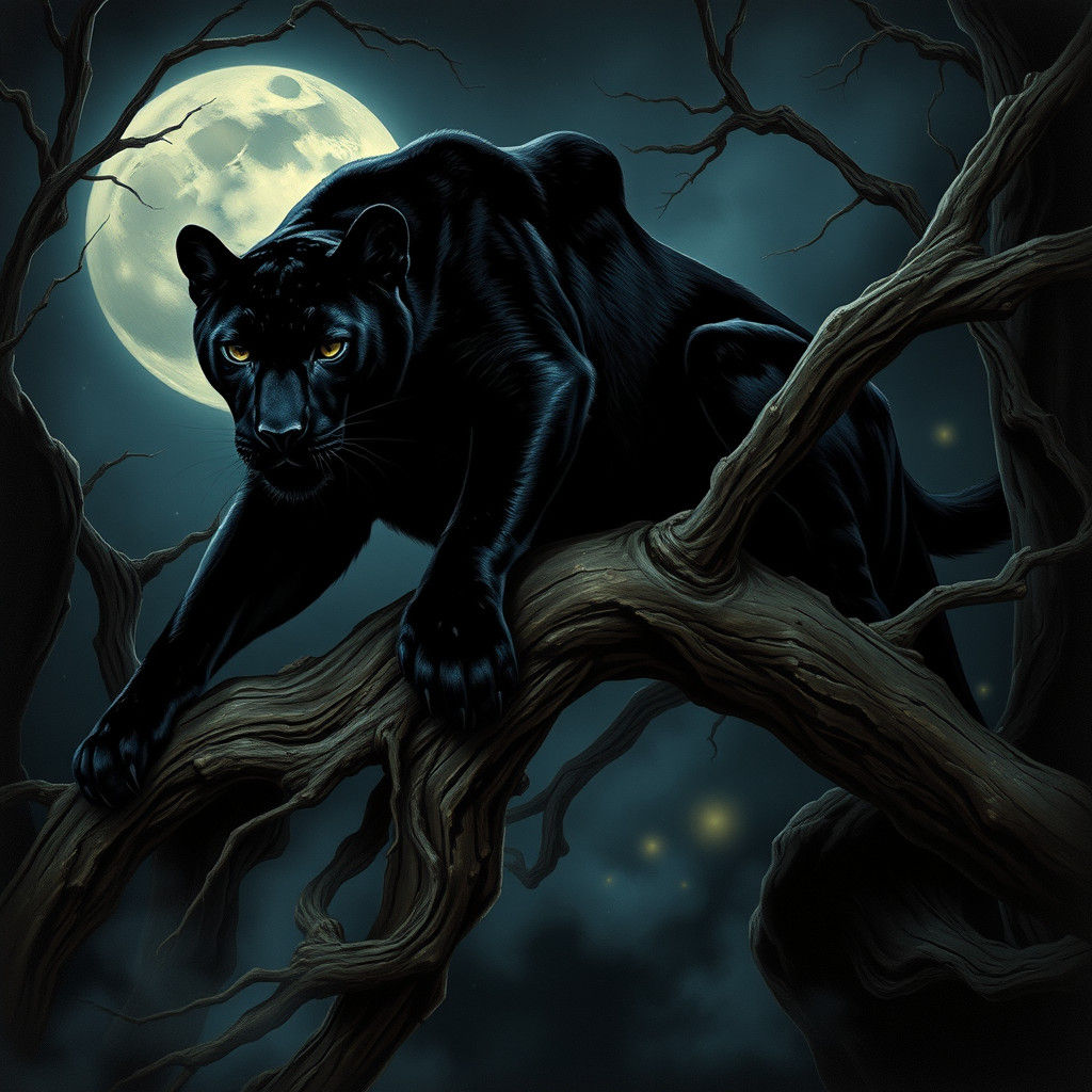Ebony Panther on Ancient Tree Branch in Midnight Fog