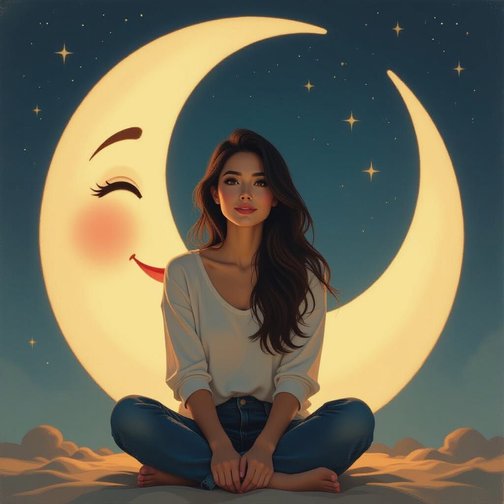 Woman in Smiling Moon, Oil Painting Portrait