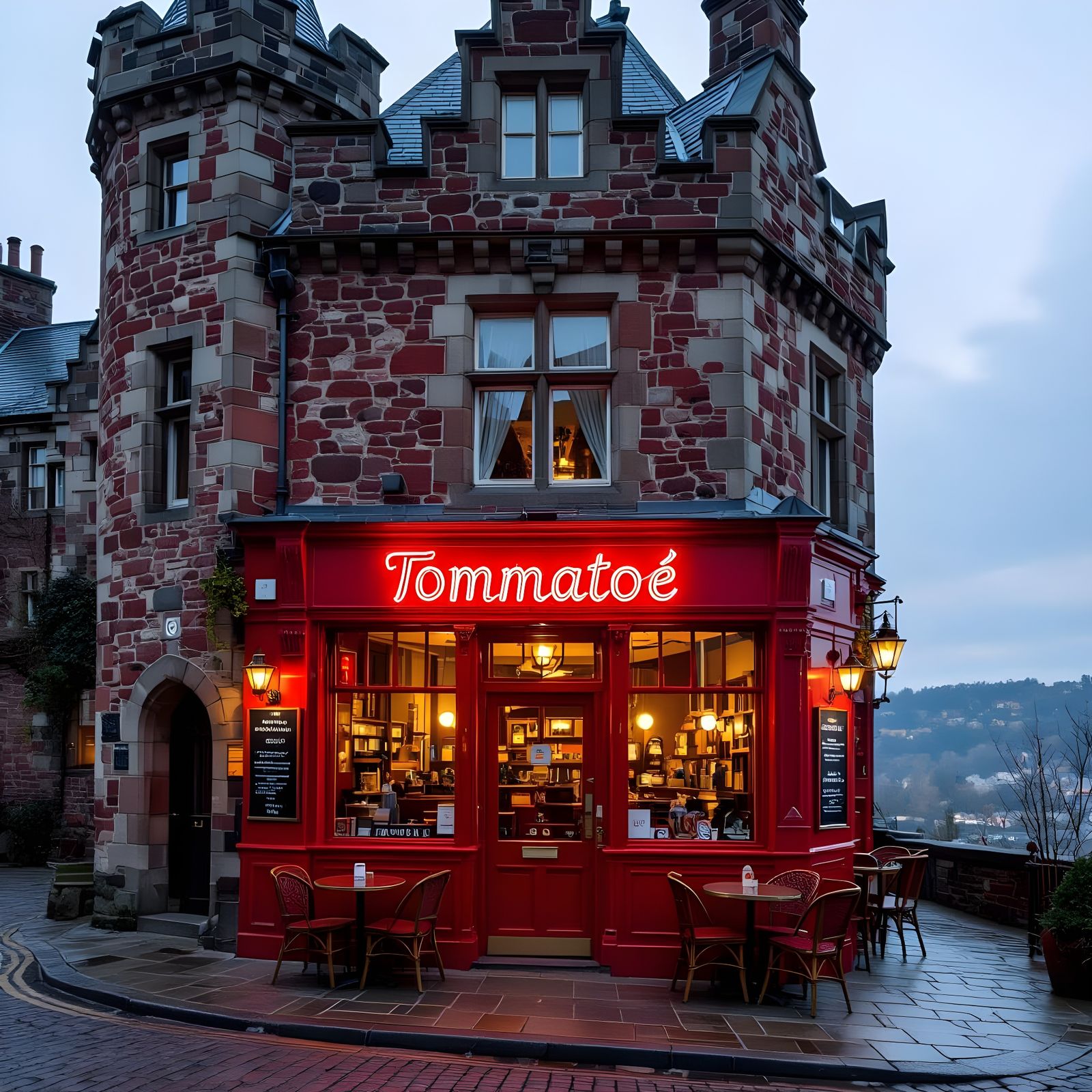Red Cafe Inside Ancient Castle With Neon Sign
