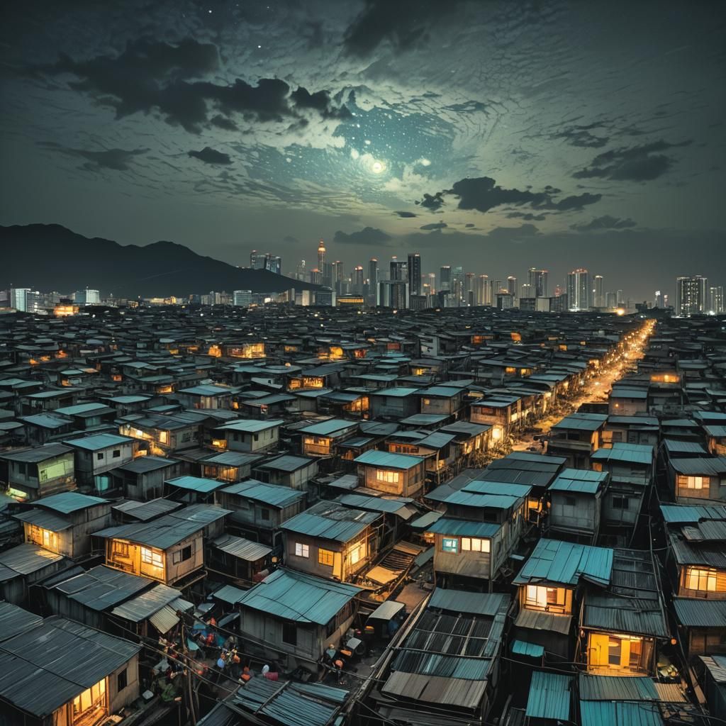 Bangkok Slum Under Grey Night in Van Gogh Style