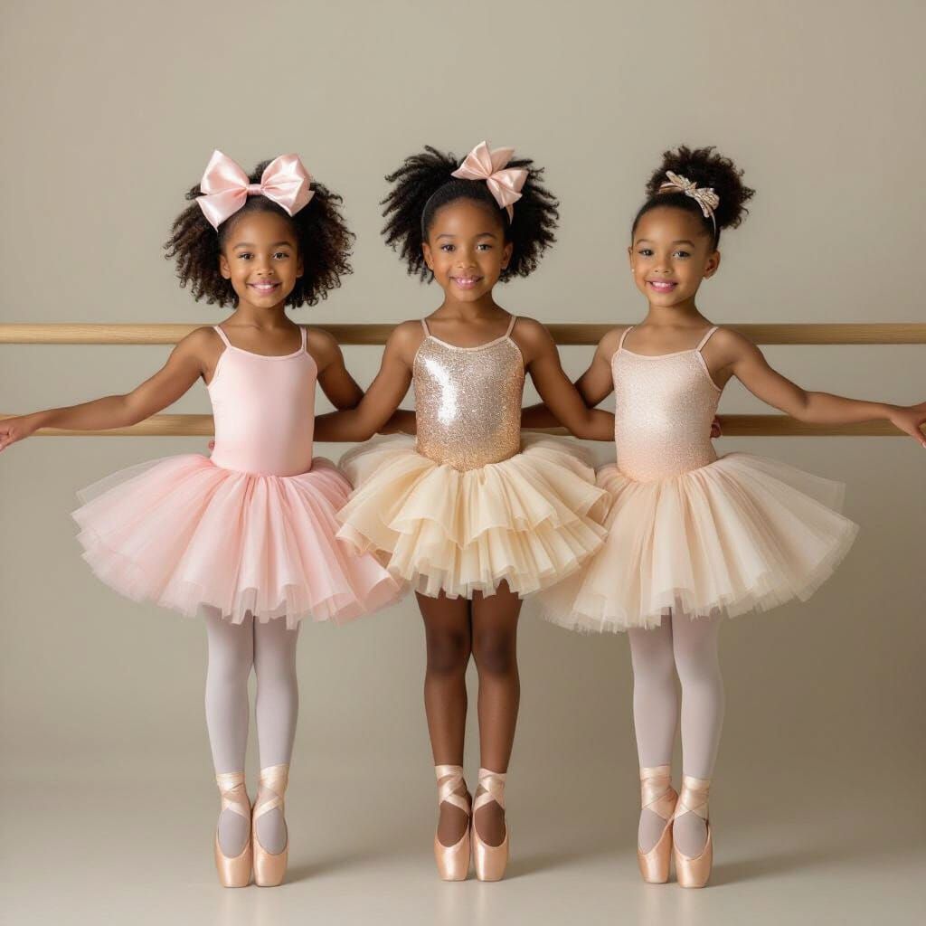 Three Young Ballerinas Practice at Ballet Barre