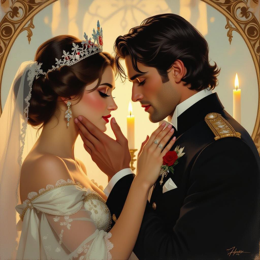 Queen Cups King's Face in Warm Airbrushed Acrylic Style