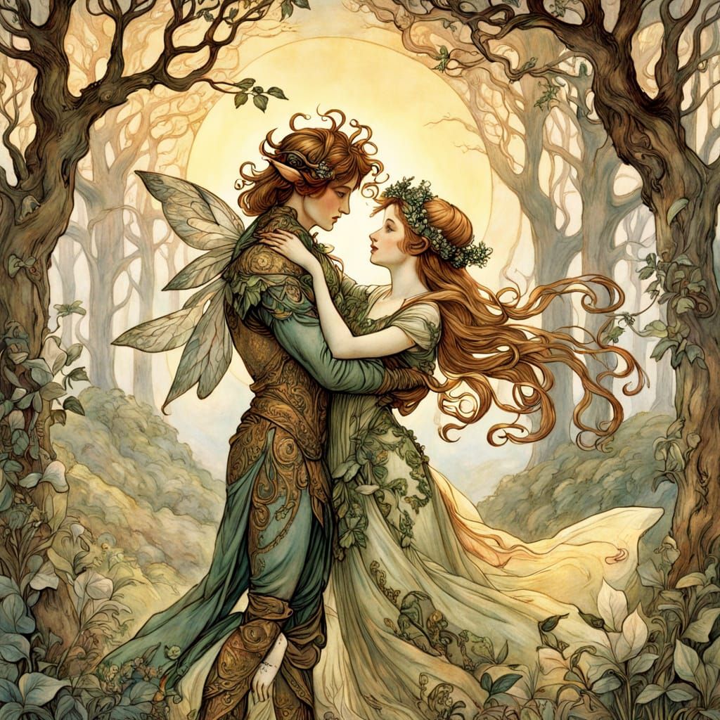 Classical Nymph and Satyr in Lush Forest Glade