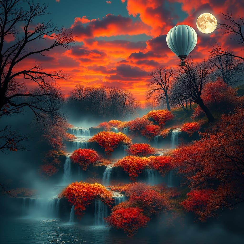 Ethereal Autumn Leaf Waterfalls Under Full Moon Sky