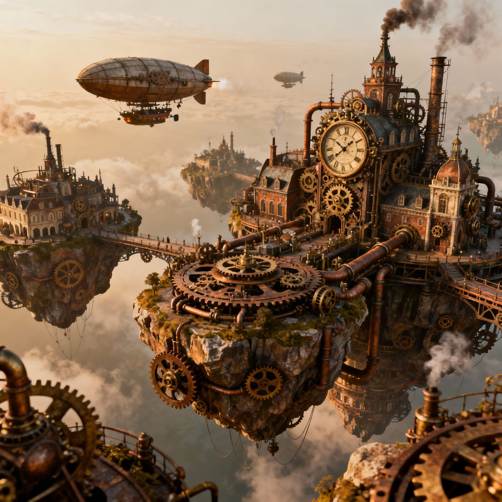 Steampunk Floating City with Clockwork and Airships