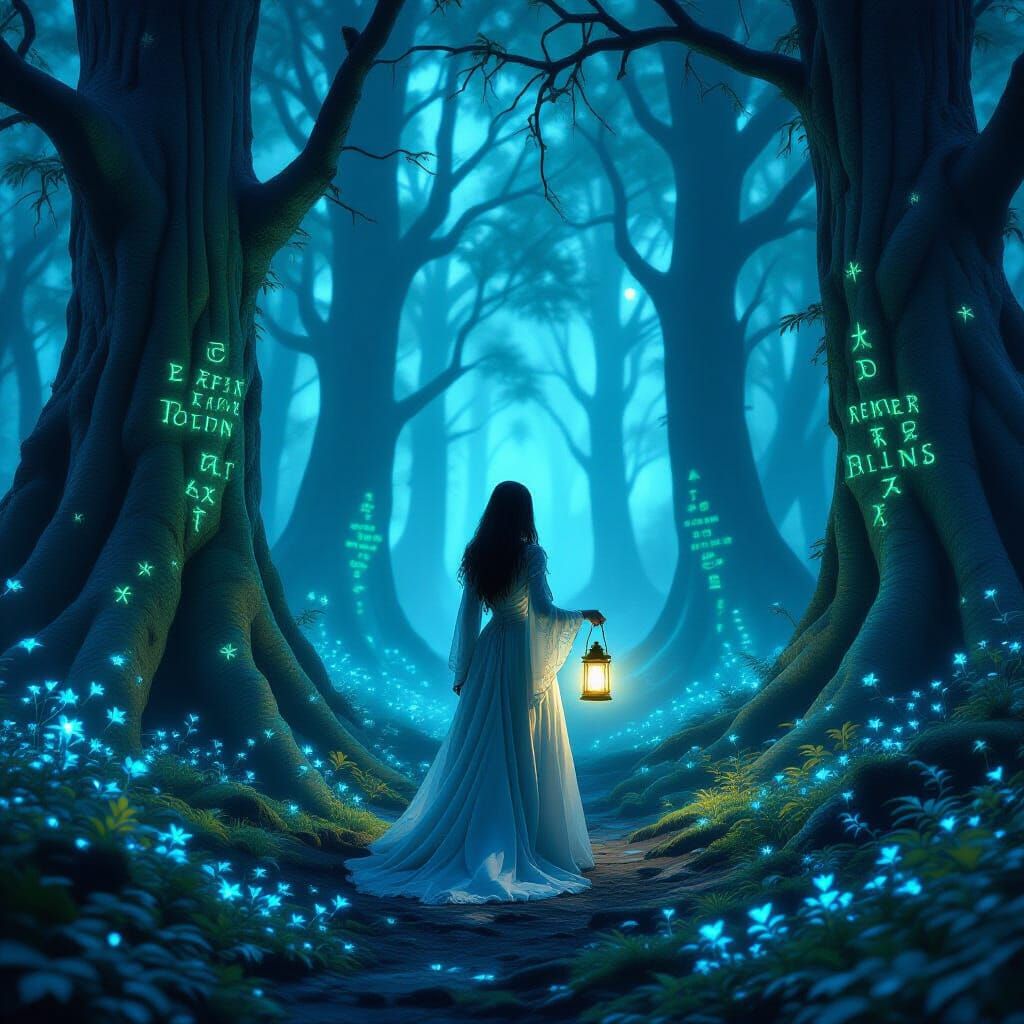 Bioluminescent Forest Scene With Ethereal Lantern Light